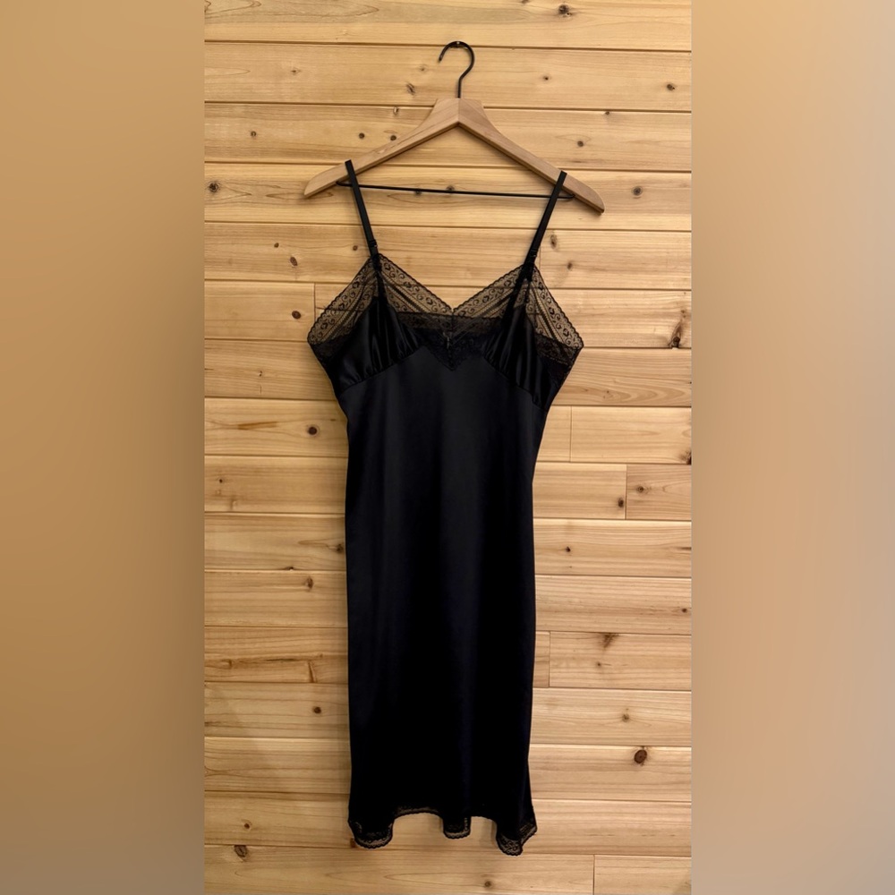 Vintage Small Black Geometric Floral Lace Trim Slip Dress Whimsigoth Fairycore